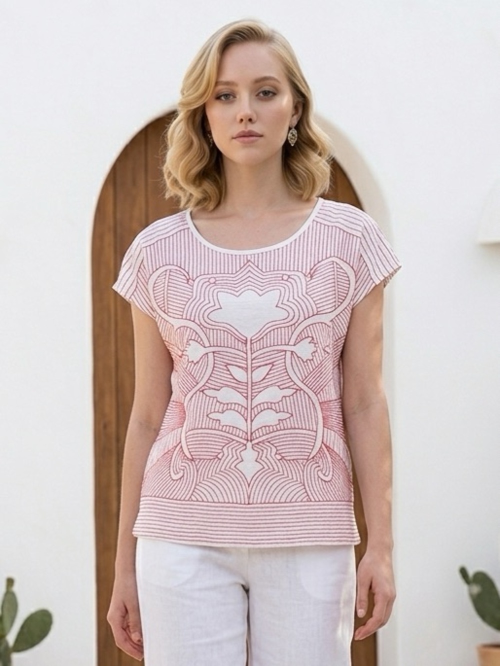 NWat Sakkas Women’s White Cap Sleeve Blouse Top Red Embroidery Design - Size L
